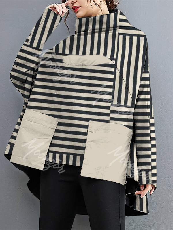 Striped irregular Printing Color Contrast Long-Sleeved Loose Sweatshirt