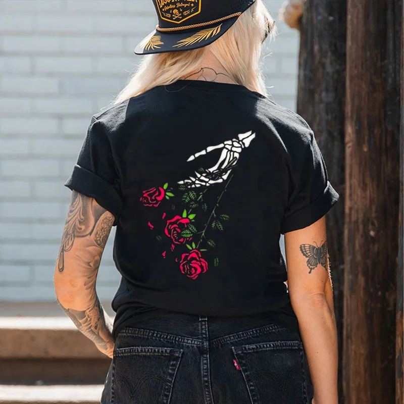 Rose And Skull Hands Black Print T-shirt