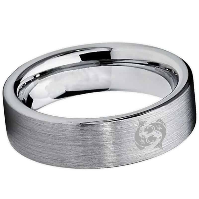 Pisces Tungsten Carbide Rings Sliver Flat Wedding Band Comfort Fit Men and Wom 4MM 6MM 8MM