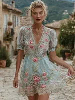 Women's Vintage Bohemian Floral Embroidered Casual Short Dress