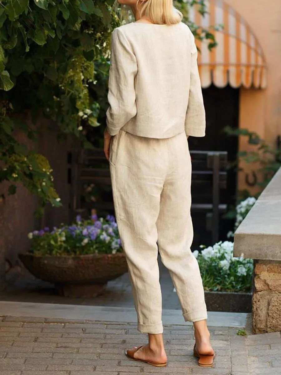 Brownm Women's Fashion Solid Color Casual Pocket Two-piece Simple Retro Elastic Suit