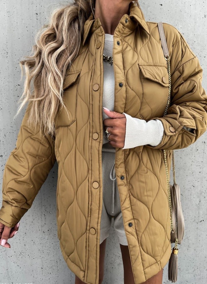 Casual Solid Color Lapel Long-Sleeved Pocket Zipper Cotton Coat | EGEMISS