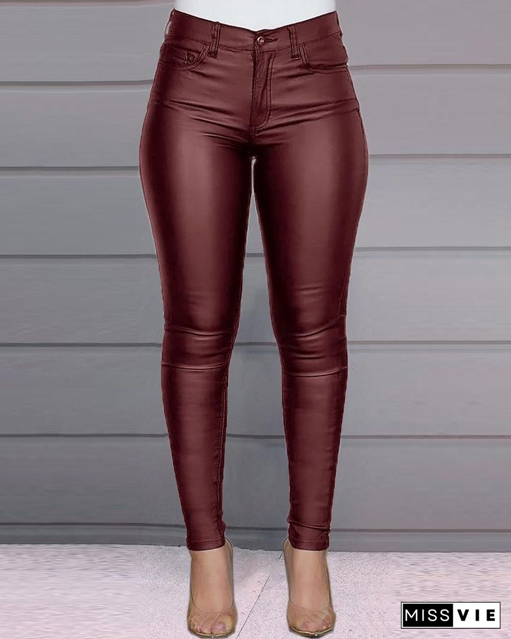 Solid Buttoned Casual Coated PU Pants P14927