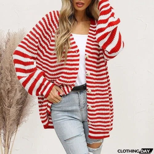 Striped Button Down Long Sleeve Cardigan