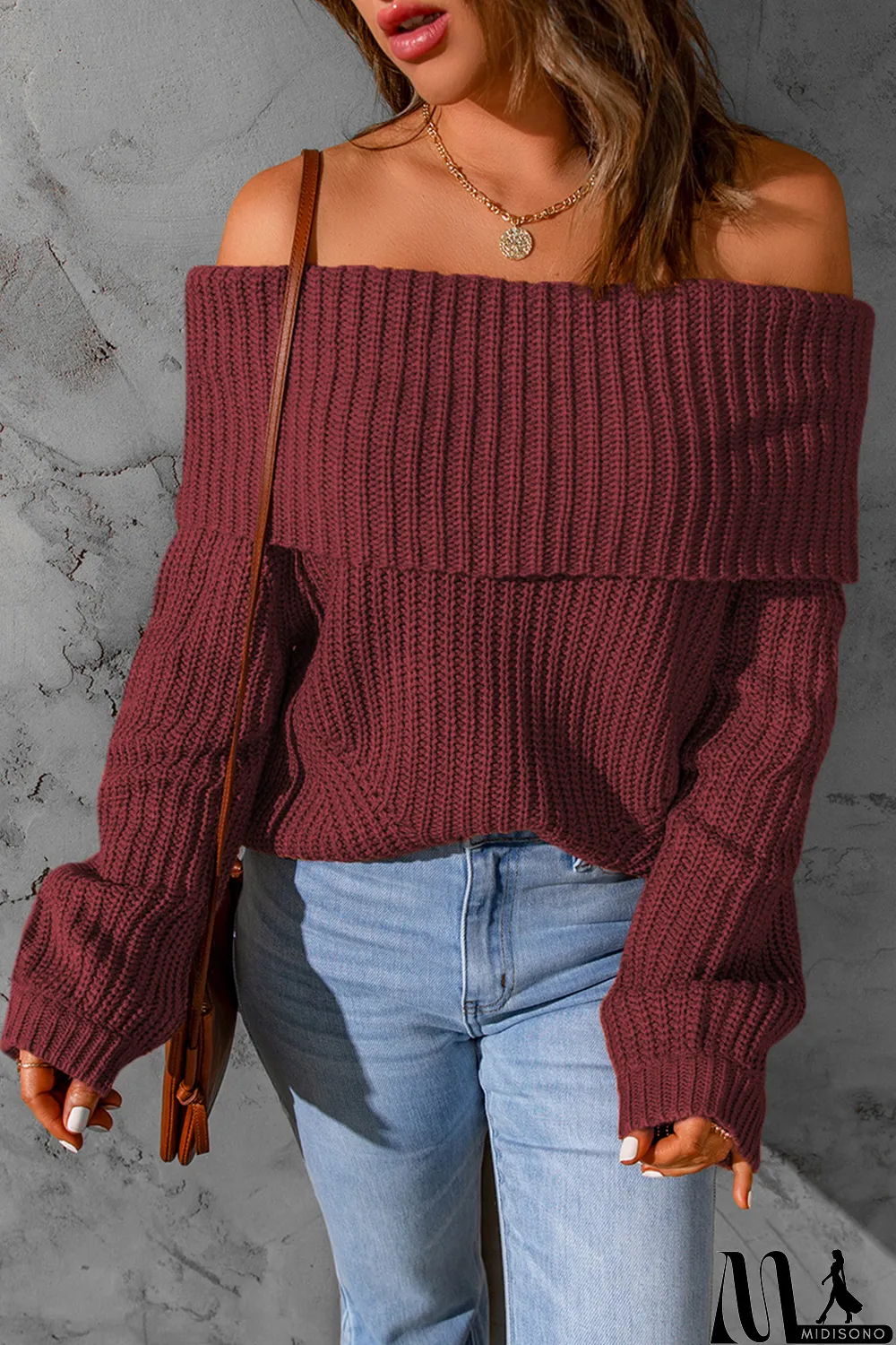 MidiSono - Red Ribbed Knit Foldover Off Shoulder Sweater