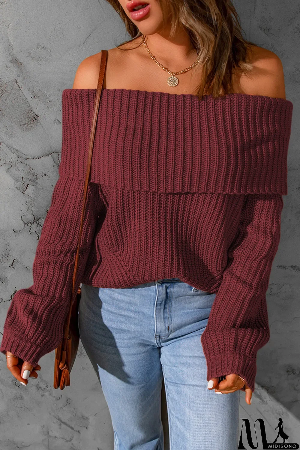 MidiSono - Red Ribbed Knit Foldover Off Shoulder Sweater