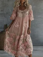 Women's Floral Roses Art Print Flowy Linen Blend Casual Short Sleeve Maxi Dress