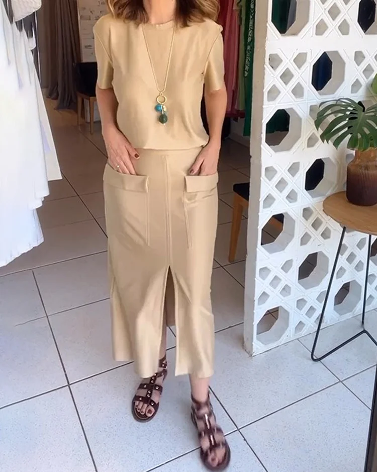 Short Sleeve Top + Double Pocket Half Skirt
