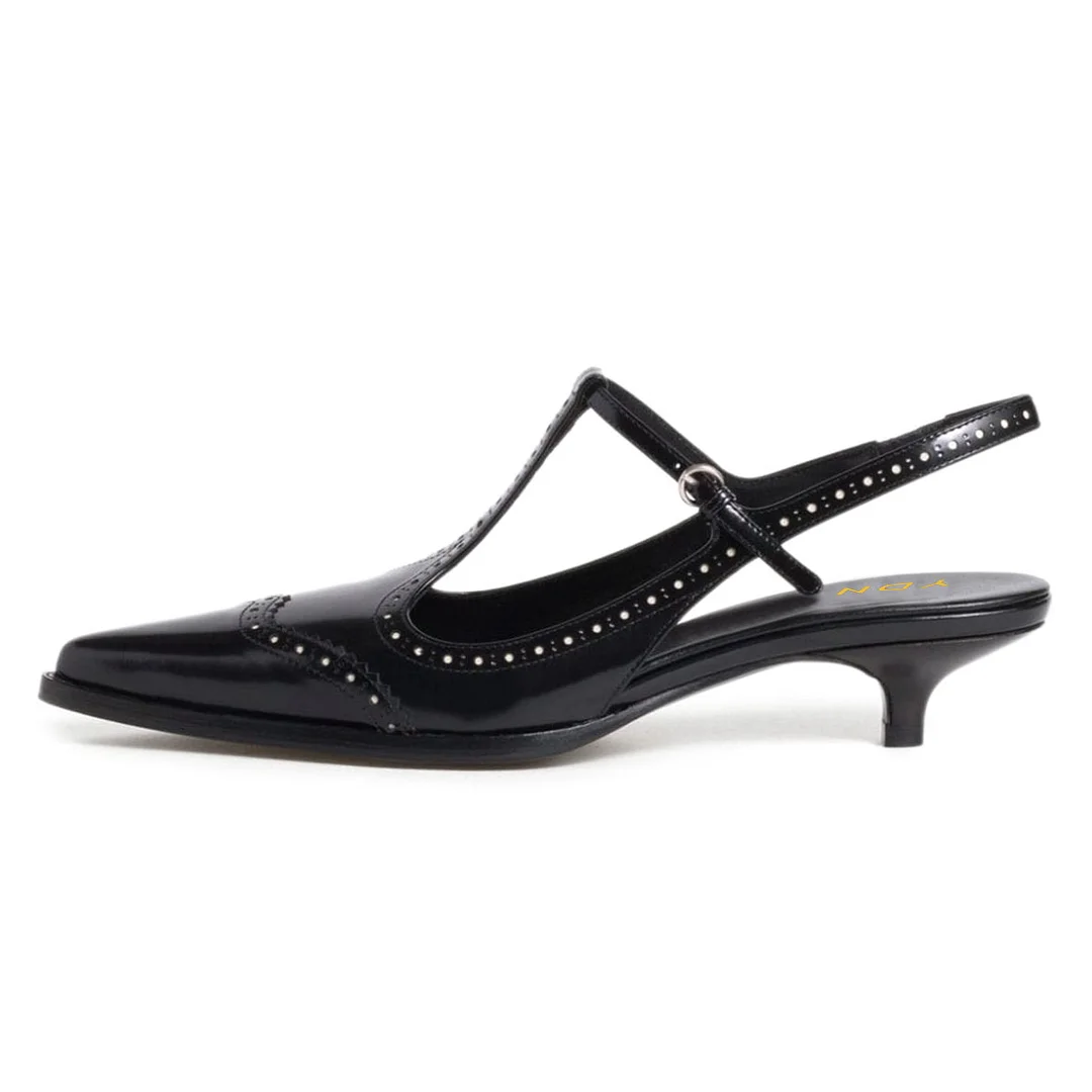 Black Pointed Toe Buckle Strap Slingback Pumps with Kitten Heels