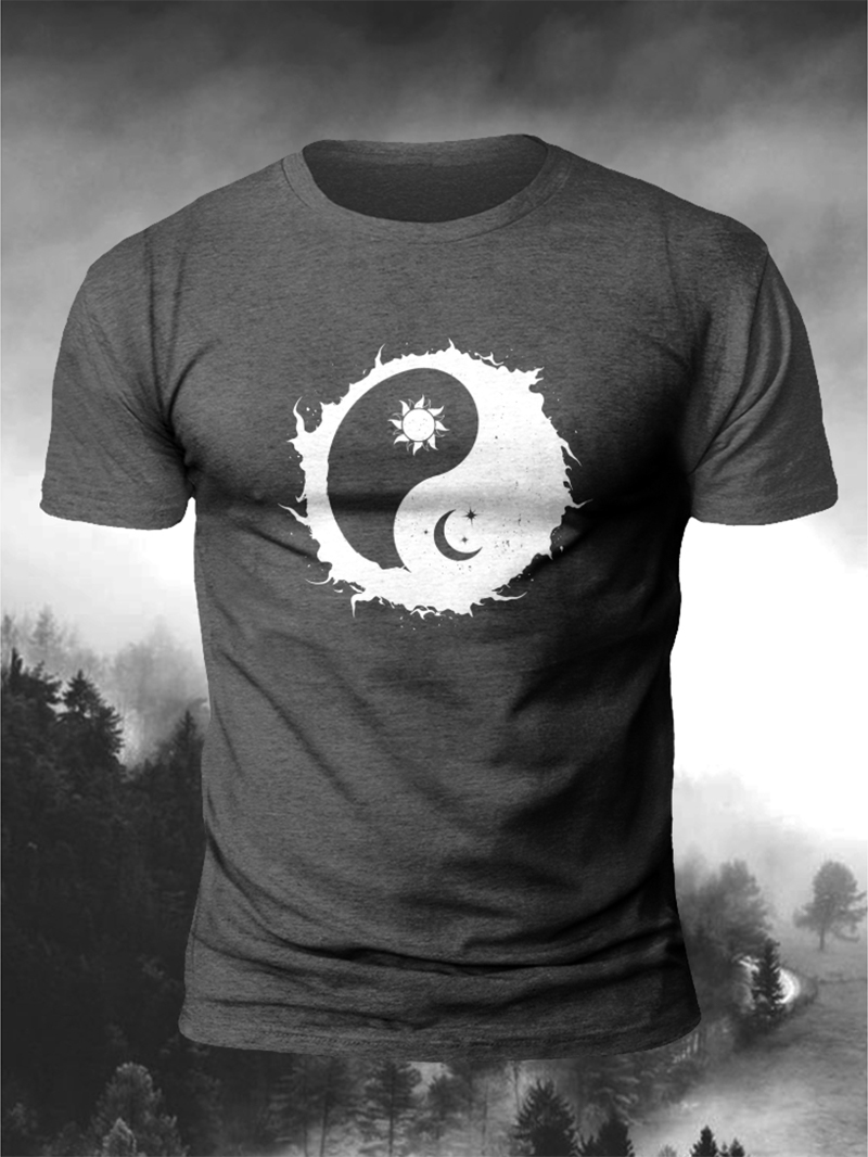Men's Flame Yin and Yang Figure Print Casual Short Sleeve T-shirt