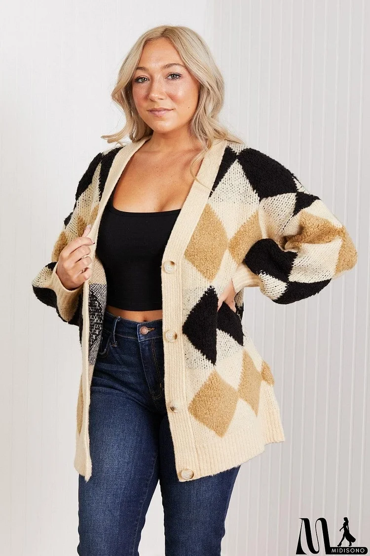 CY Fashion Know-It-All Full Size Argyle Longline Cardigan