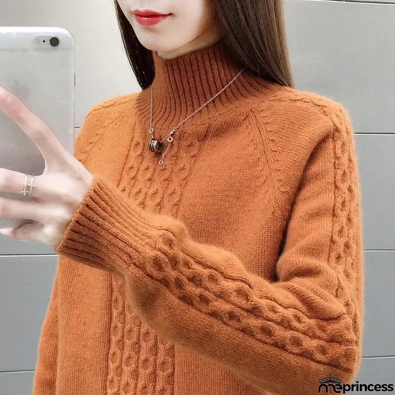 Women's Acrylic Mock-Neck Long Sleeve Knitted Pattern Sweater