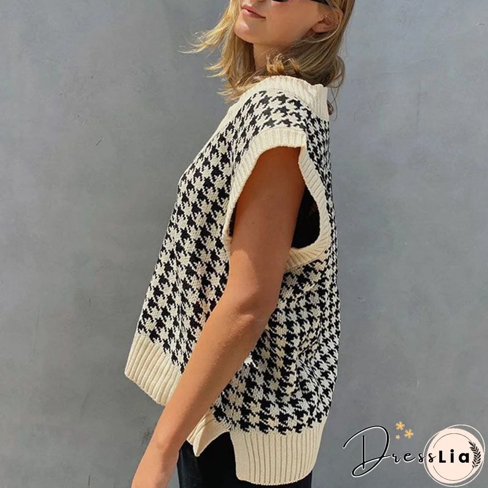 Checkered Cropped Knitted Tank Argyle Sleeveless Jumper