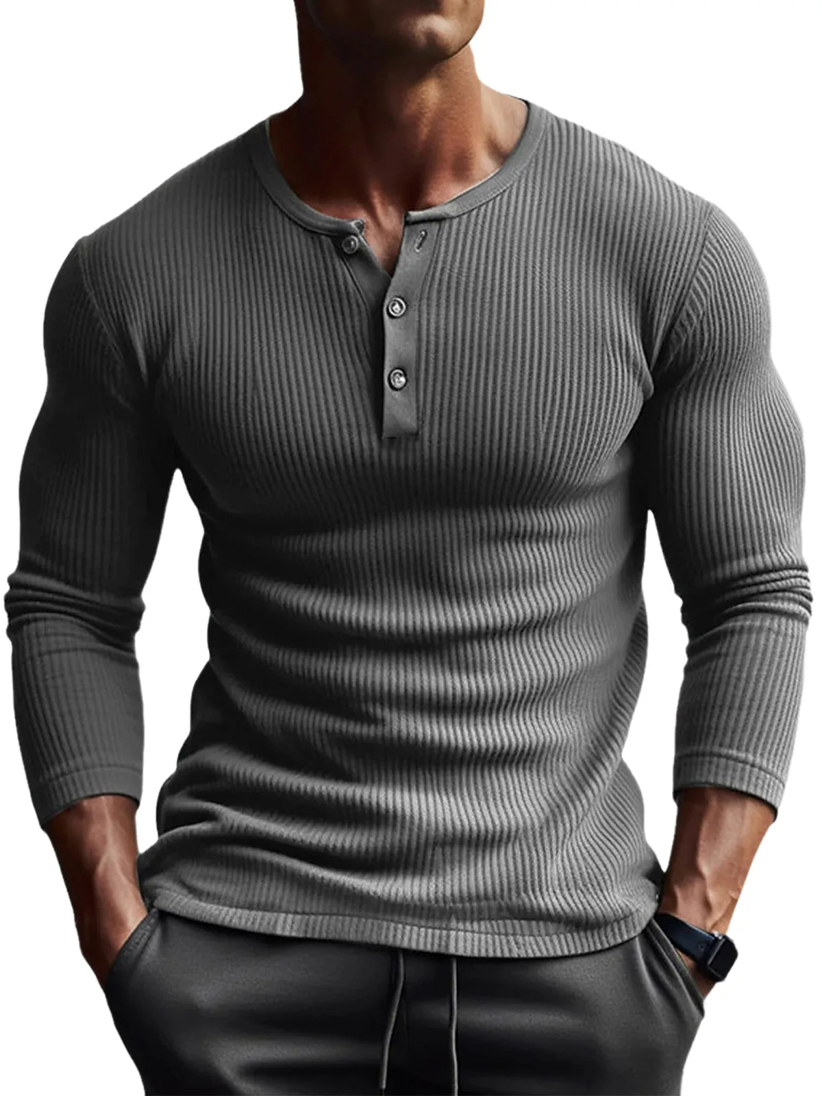 Men's Button Pit Solid Color Long Sleeve Henley T-Shirt Top PLUSCLOTHESMAN