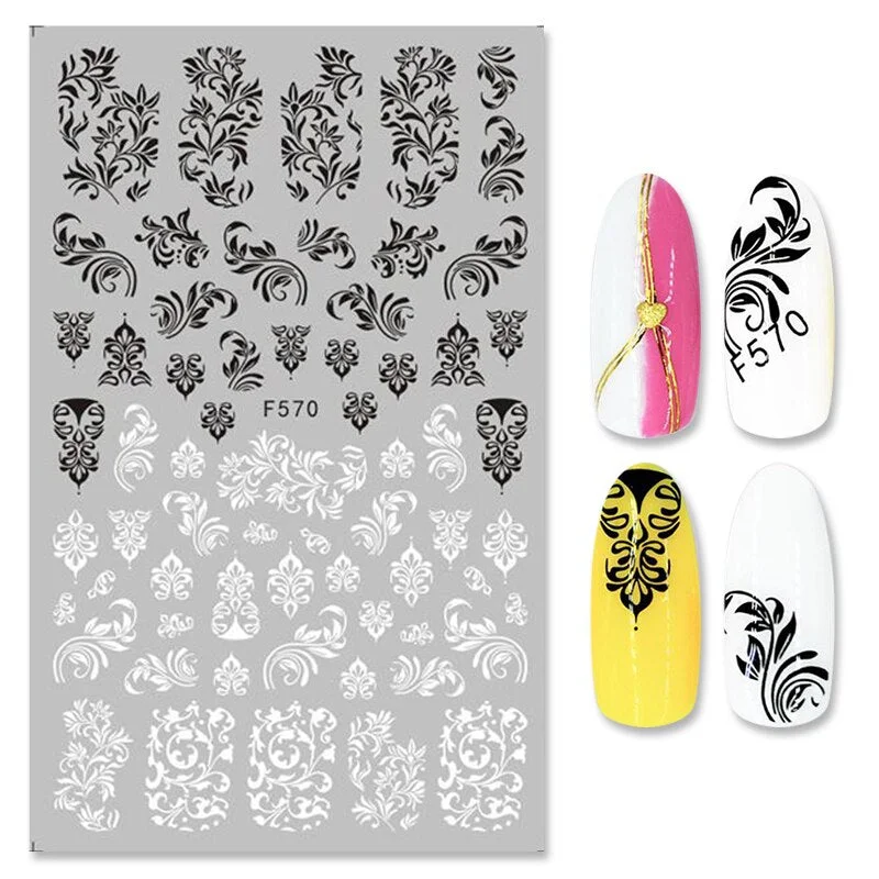 1PC Black White Leaves Flower 3D Nail Stickers Tropical Plants Mandala Leaf Geometry Transfer Decals Nail Art Decorations-Nail Inspo