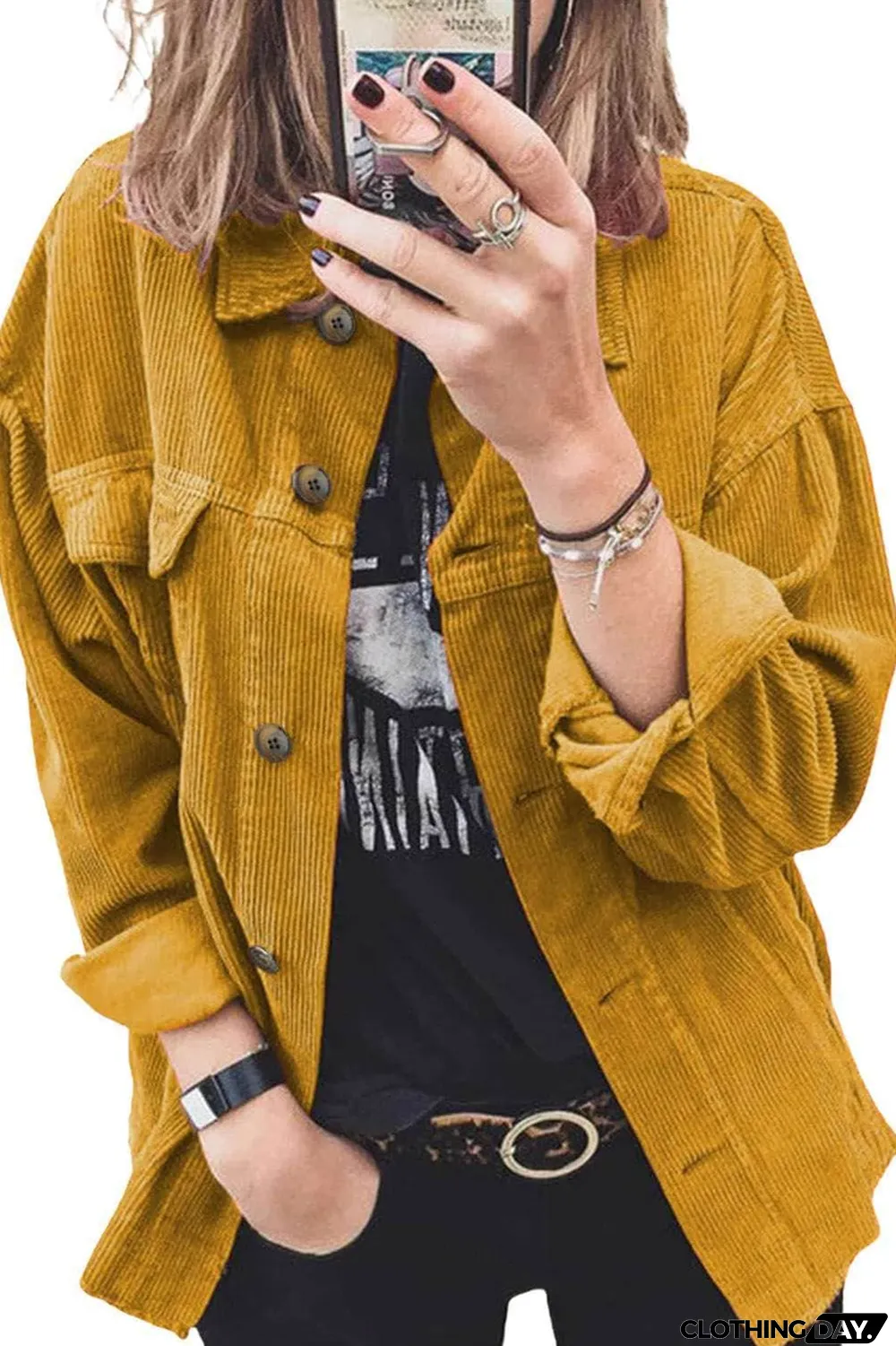Yellow Corduroy Long Sleeve Button-up Shirt Coat
