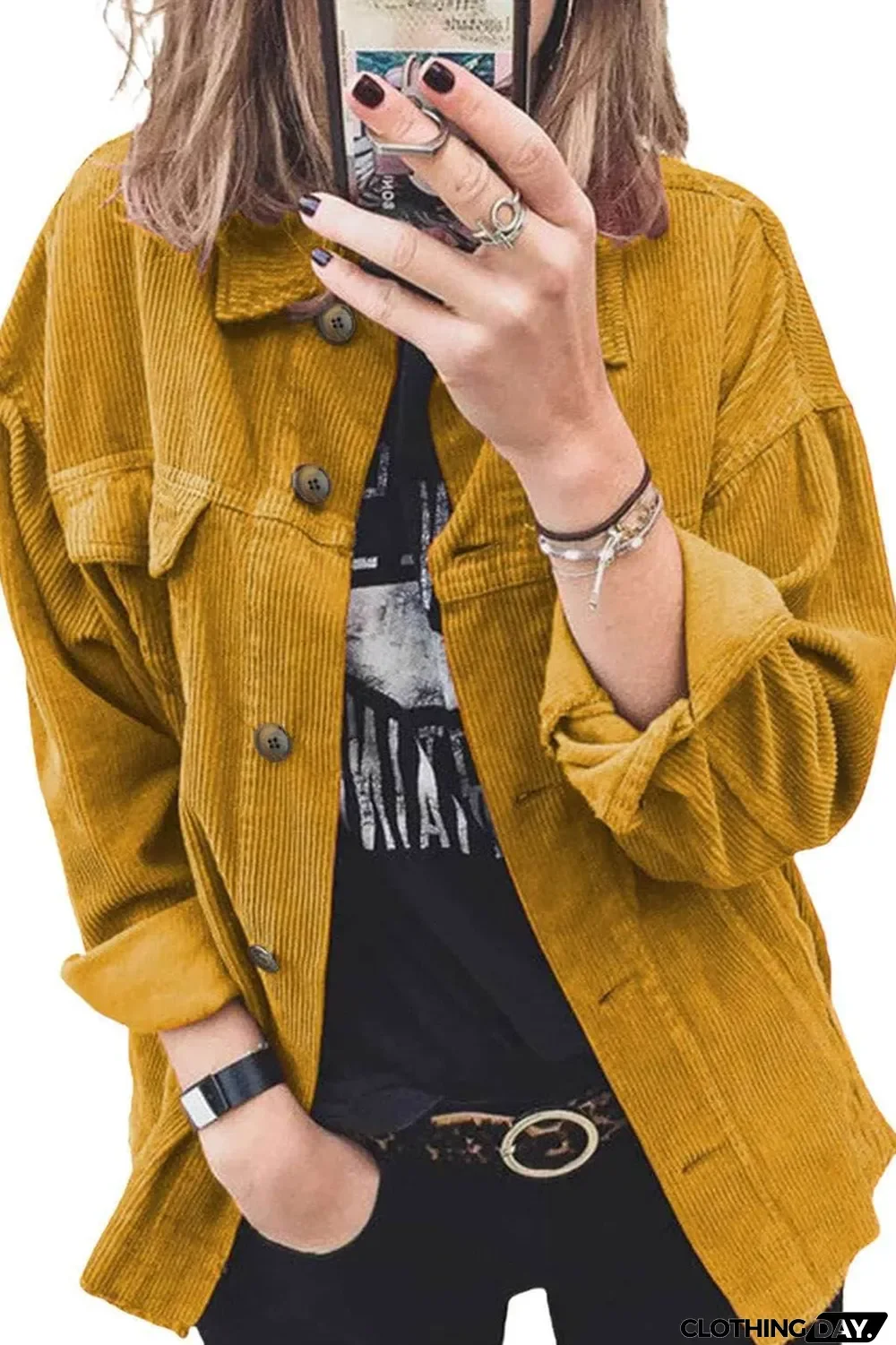 Yellow Corduroy Long Sleeve Button-up Shirt Coat