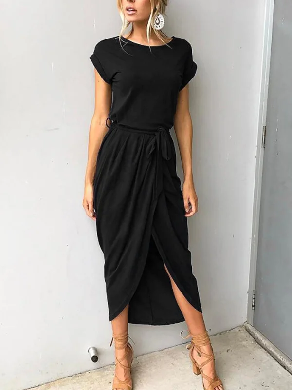 Split-Front Lace-Up Short Sleeves Midi Dress