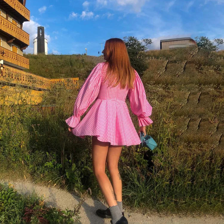 Churchf Churchf Women's Pink Checked Butterfly Collar Long-Sleeved Dress Temperament Fashion Design Sense A Line Skirt