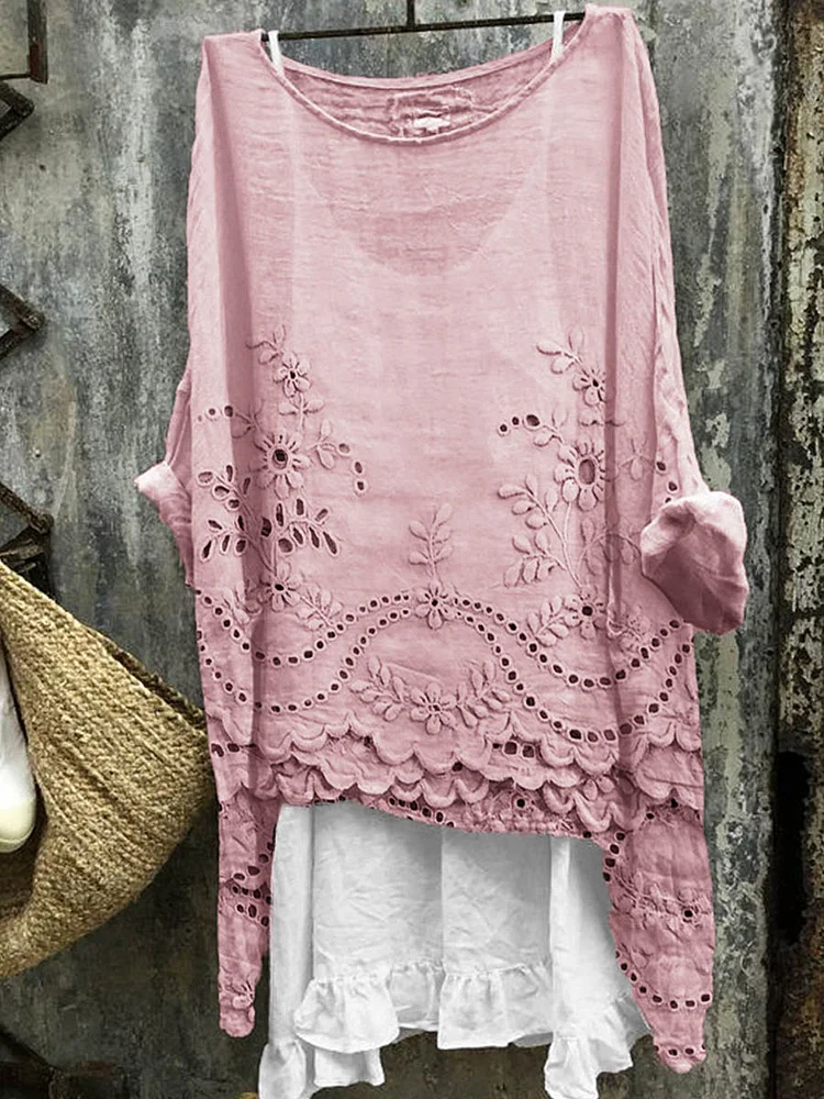 Women's Vintage Floral Art Print Casual Cotton Linen Pullover Top