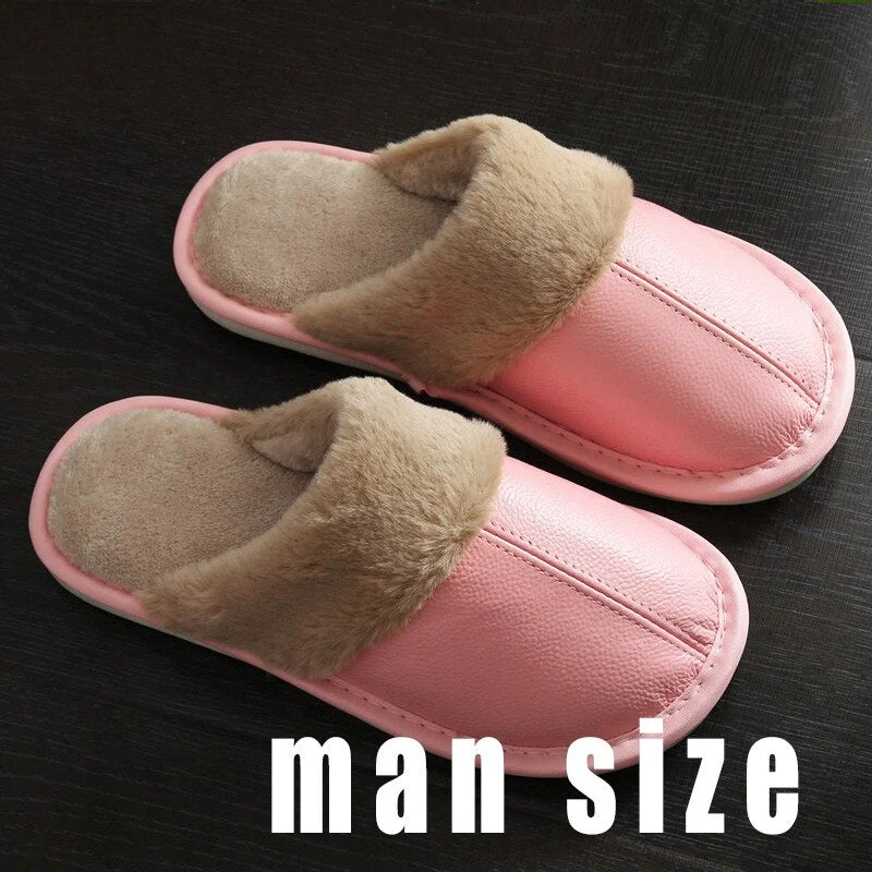 Men's Slippers Winter Genuine Leather Slippers for Men Warm Plush Slippers Large Size 45-46 Home Slippers Comfy House Shoes
