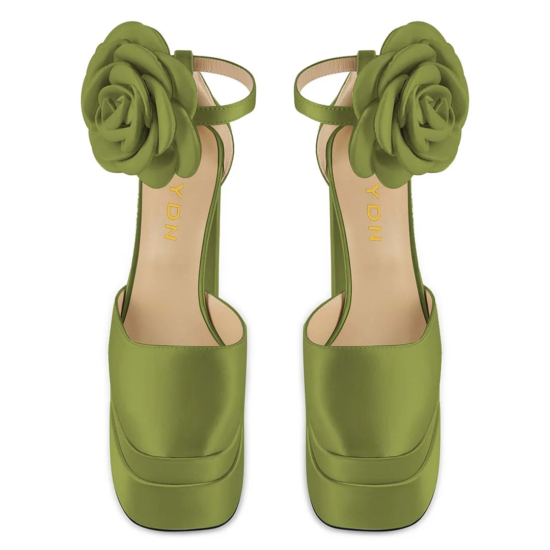 YDN Satin Flower Decor Square Toe Women's Platform Heels in Olive