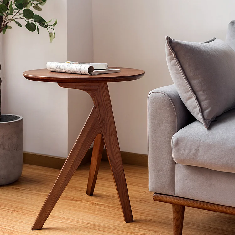 Homemys Small Cottage Round Wood Side Table Tray Top in Walnut