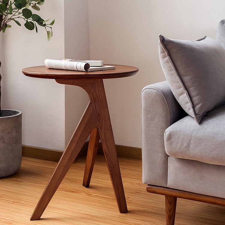 Homemys Small Cottage Round Wood Side Table Tray Top in Walnut