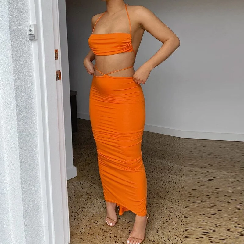 Tawnie 2022 Summer Y2K Dress Sets Women Sexy Halter Backless Crop Top Midi Skirts 2 Piece Sets Elegant Outfits Beach Vacation