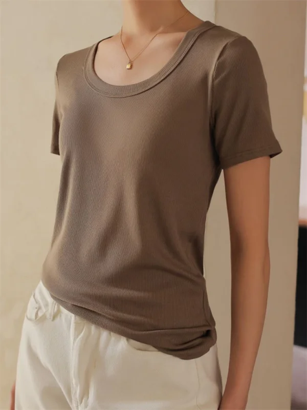 Women's Solid Color Short Sleeve Rib T-shirt Flusfy