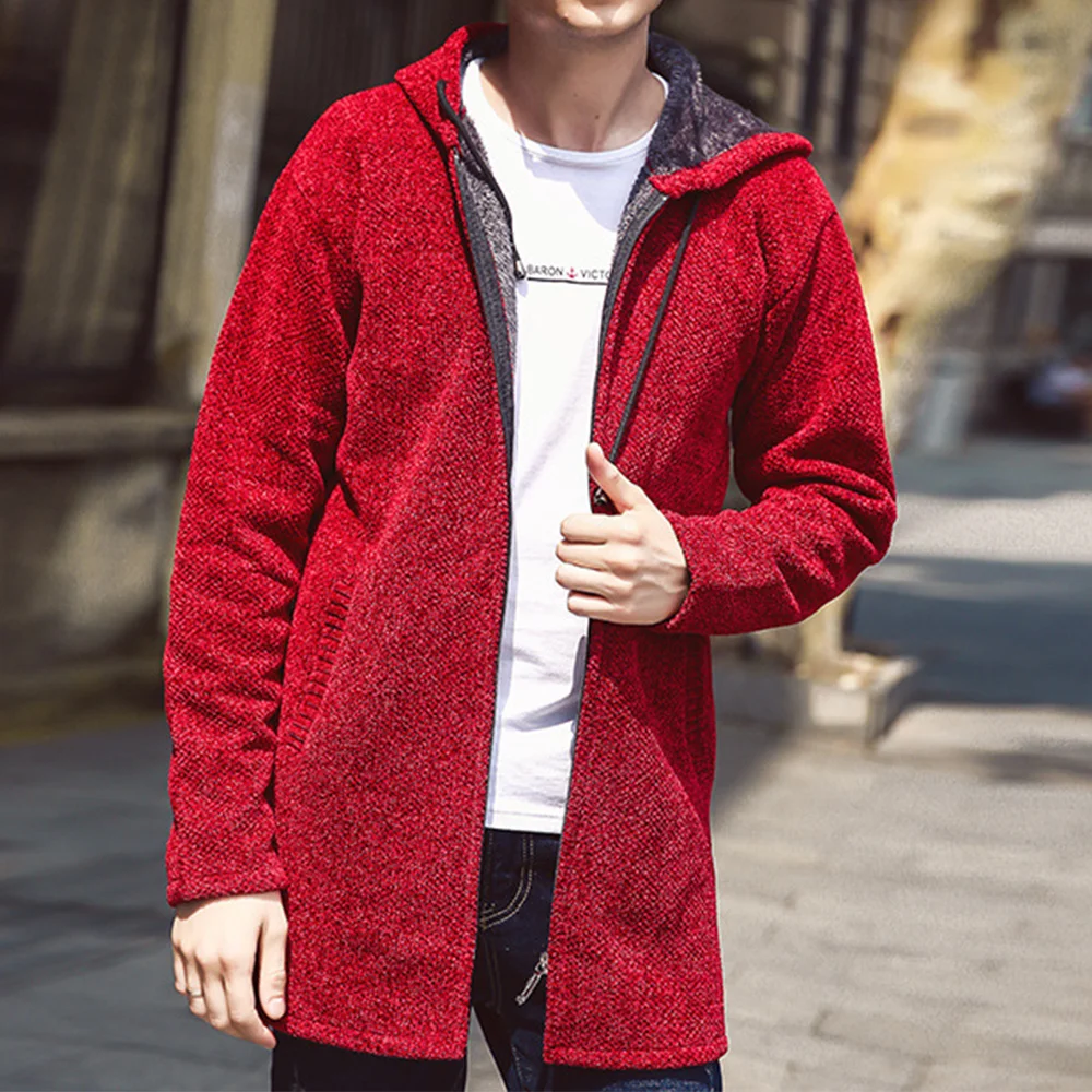 Smiledeer New winter men's fleece hooded mid-length knitted jacket