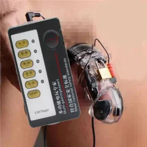 pornhint Pornhint BDSM Shock Male Chastity Device Belt E-stim Lock Ring Cage Belt Bondage for Men