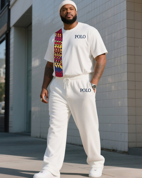 Big Boy Daily Casual Simple African Impression Print Striped Short Sleeve Trousers Suit