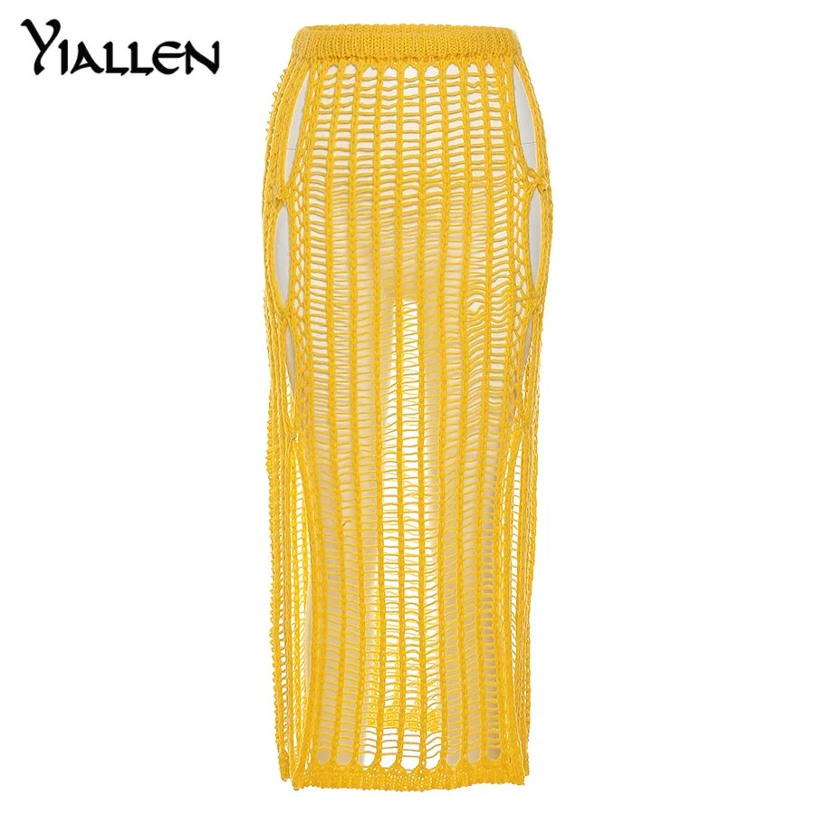 Yiallen Summer Yellow Openwork weaving Long Skirt 2021 New Women Sexy Chic Maxi Skirt Casual Streetwear Club Party Y2k Outfits