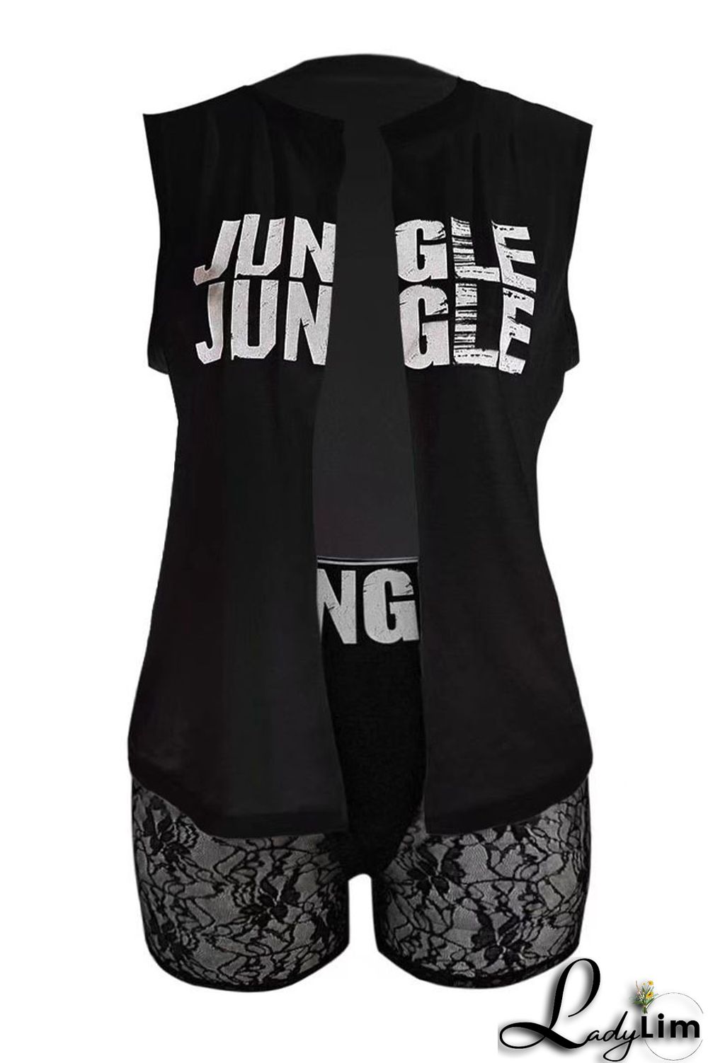 Black Sexy Street Letter Lace Frenulum O Neck Plus Size Two Pieces(Without Necklace)