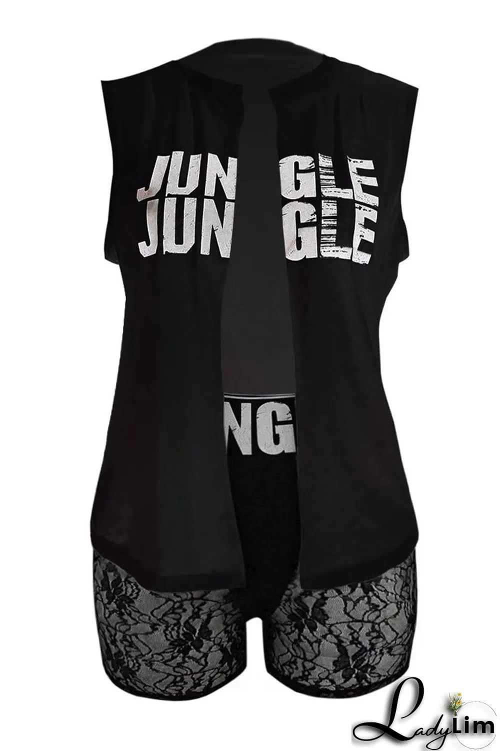 Black Sexy Street Letter Lace Frenulum O Neck Plus Size Two Pieces(Without Necklace)