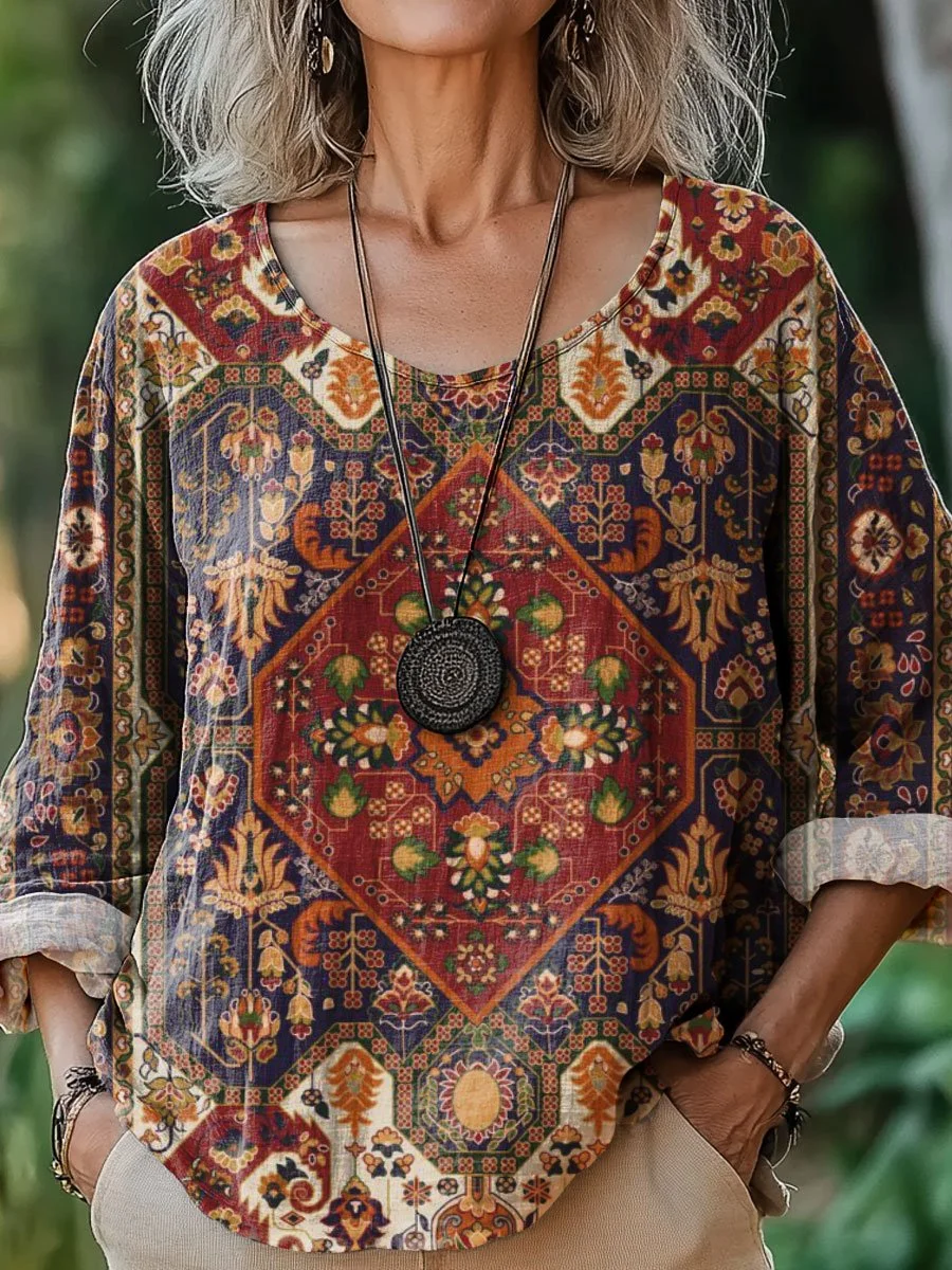 Women's Vintage Flower Art Print Casual Cotton And Linen Shirt