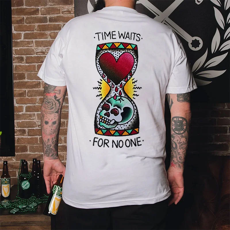 TIME WAITS FOR NO ONE Skull Hourglass Print Men's T-shirt