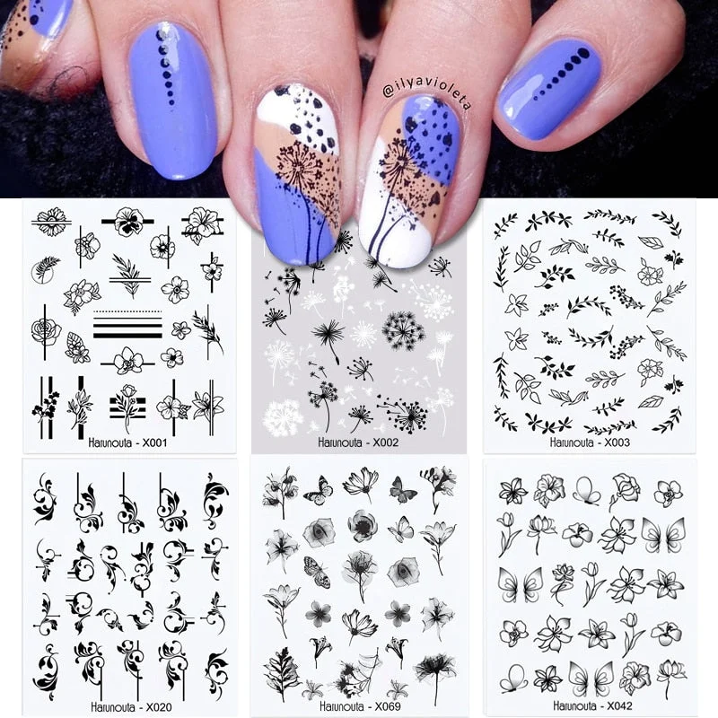 Harunouta 6Pcs Black Leaves Flower Water Decals Dandelion Geometrics Pattern Stickers Sliders For Nails DIY Decoration