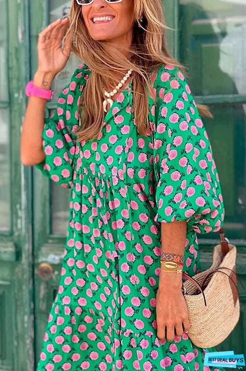 Meridress Puff Sleeve Geometry Printed Swing Dress