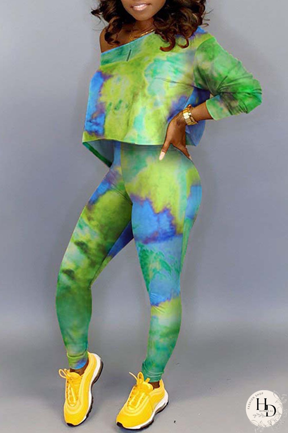 Green Fashion Casual Print Tie-dye Oblique Collar Long Sleeve Two Pieces