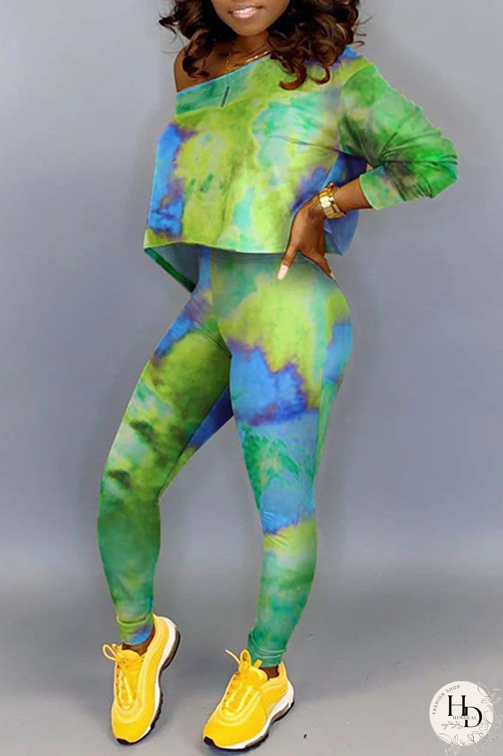 Green Fashion Casual Print Tie-dye Oblique Collar Long Sleeve Two Pieces