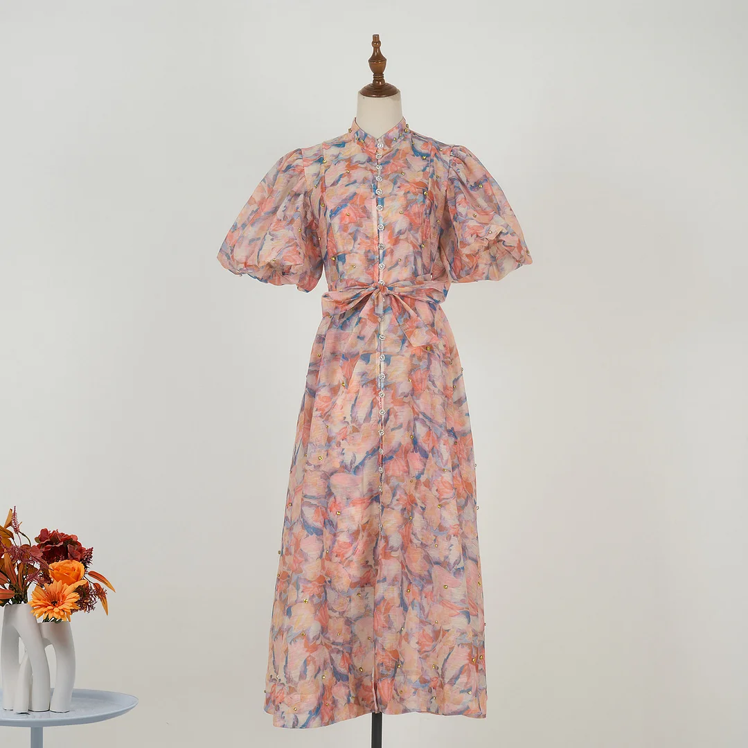 Nigikala Nigikala Court Style High Design Feeling Heavy Industry Nail Drill Short Sleeve Single Buckle Dress + Sling