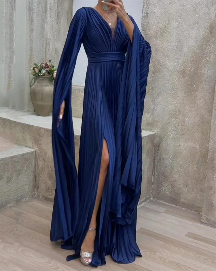 Women's V-neck Slit Solid Color Dress
