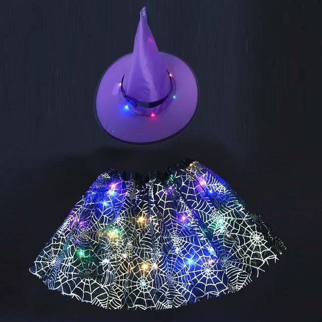 Luminous LED Glow Lights Witch Hat Skirt Spider Web Halloween Costume for Women Kids Girls、shopify、sdecorshop