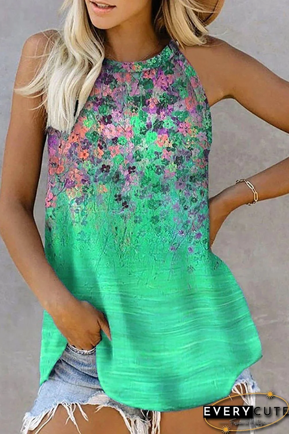 Green Floral Print Halter Neck Tank Top