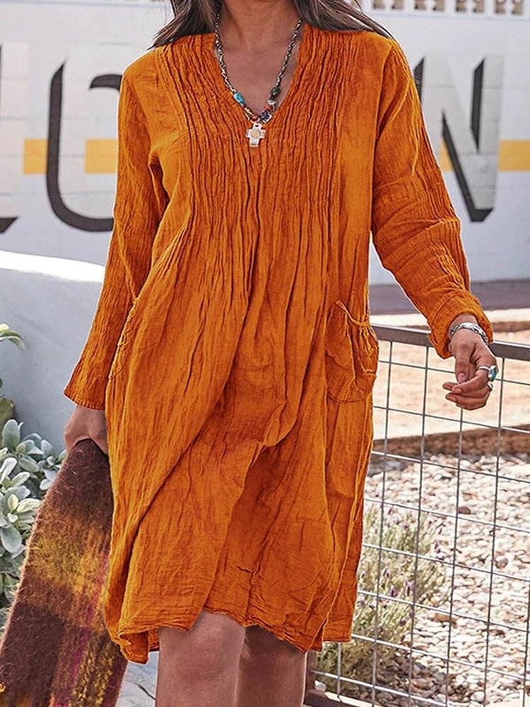 Vintage casual V-neck solid color linen dress-Mayoulove