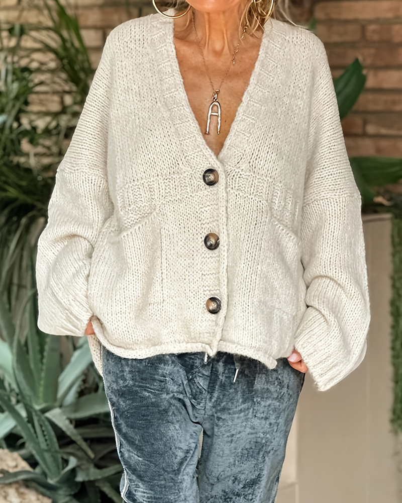Single Breasted V Neck Long Sleeve Loose Knitted Cardigan