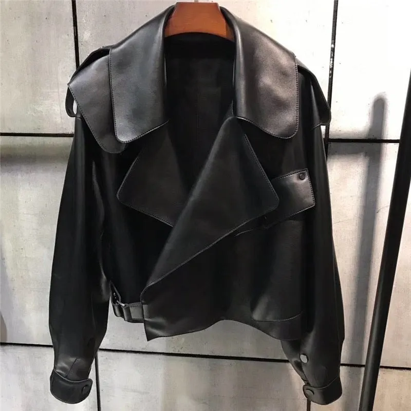 Ailegogo Women Faux Leather Jacket Soft Loose Vintage Biker Coat Short Pockets Motor PU Black Jacket Autumn Street Leather Coat