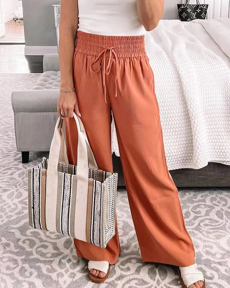 Solid Color Tie Wide Leg Pants